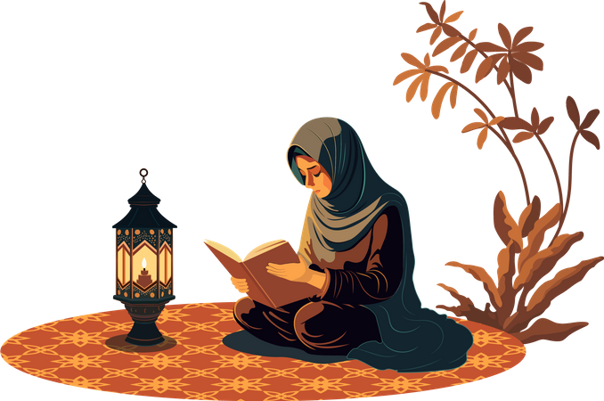 Jovem muçulmana lendo livro sagrado  Ilustração