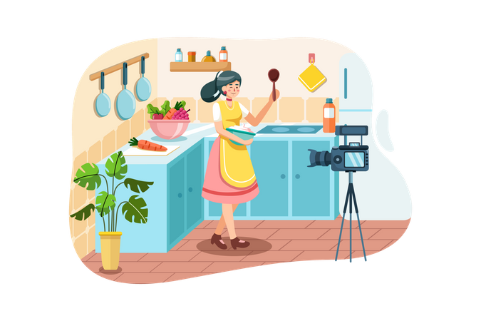 Jovem na cozinha gravando novo vídeo de receita na câmera  Ilustração