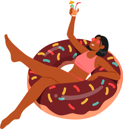 Jovem mulher com anel de natação em donut e coquetel na mão  Ilustração