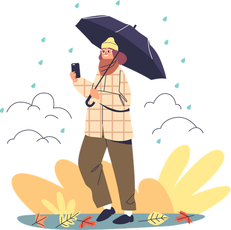 Jovem caminha no parque outono sob guarda-chuva aproveita o tempo chuvoso  Ilustração