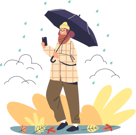 Jovem caminha no parque outono sob guarda-chuva aproveita o tempo chuvoso  Ilustração