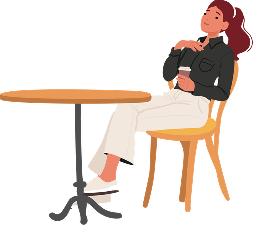 Jovem mulher relaxada tomando café sentada em um café ao ar livre  Illustration