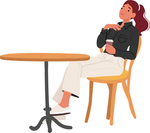 Jovem mulher relaxada tomando café sentada em um café ao ar livre  Illustration