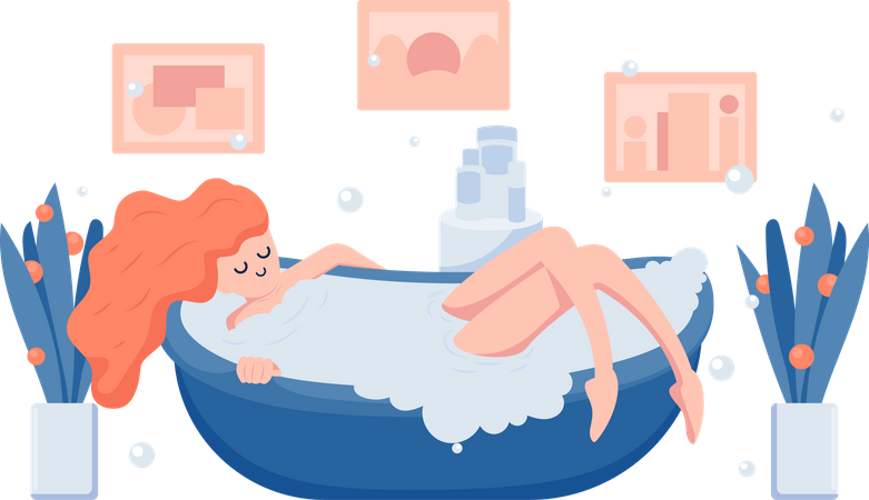 Mulher jovem relaxando na banheira  Ilustração