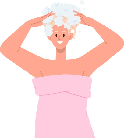 Jovem mulher satisfeita lavando o cabelo aplicando shampoo  Ilustração