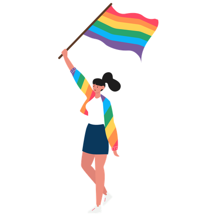 Jovem segurando uma bandeira arco-íris comemorando o orgulho LGBTQ  Ilustração