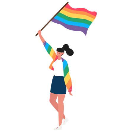 Jovem segurando uma bandeira arco-íris comemorando o orgulho LGBTQ  Ilustração