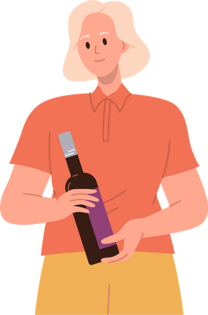 Jovem segurando uma garrafa de vinho  Ilustração