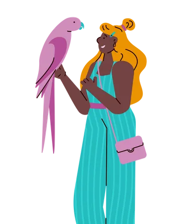Jovem segurando um papagaio rosa colorido  Ilustração