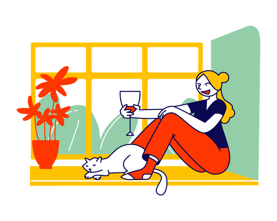 Jovem sentada no parapeito da janela com um gato segurando uma taça de vinho  Ilustração
