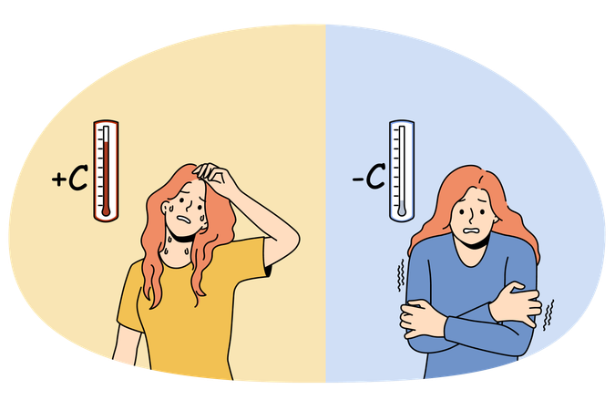 Jovem sofre com o frio e o calor  Ilustração