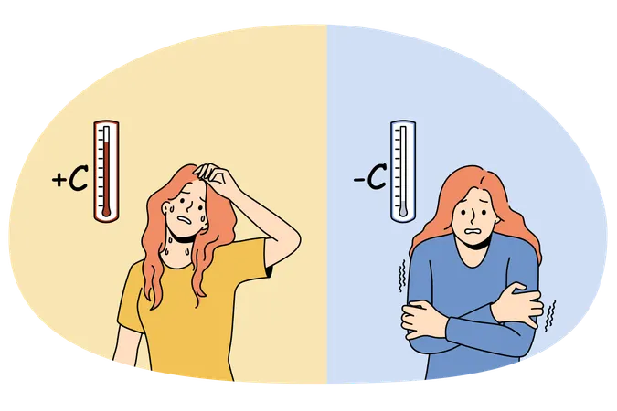 Jovem sofre com o frio e o calor  Ilustração