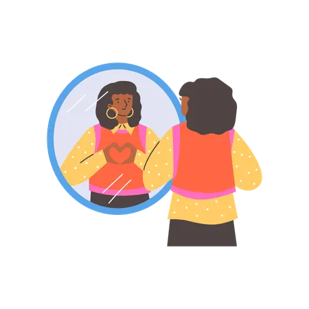 Jovem mulher sorridente olhando no espelho enquanto observa o reflexo do sinal de coração com os dedos  Ilustração