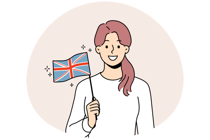 Jovem mulher sorridente segurando a bandeira do Reino Unido nas mãos  Ilustração