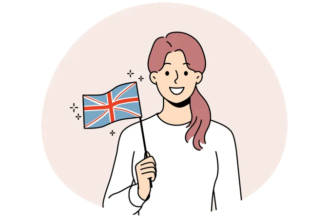 Jovem mulher sorridente segurando a bandeira do Reino Unido nas mãos  Ilustração