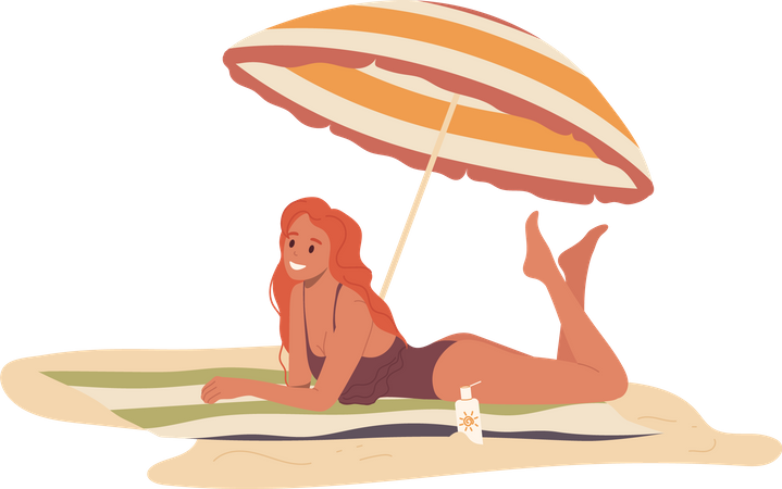 Jovem tomando banho de sol sob o guarda-sol relaxando na praia tropical de verão  Ilustração