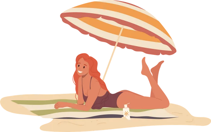 Jovem tomando banho de sol sob o guarda-sol relaxando na praia tropical de verão  Ilustração