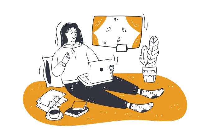 Mulher jovem trabalhando em casa no laptop  Ilustração