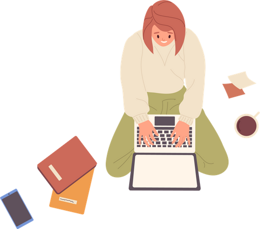Mulher jovem trabalhando no laptop  Ilustração