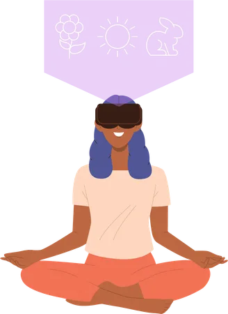 Jovem usando fone de ouvido vr desfrutando de meditação  Ilustração