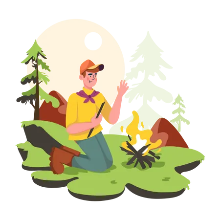 Jovem no Forest Camping  Ilustração