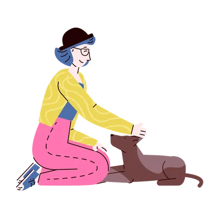 Jovem no chão com cachorro de estimação  Ilustração