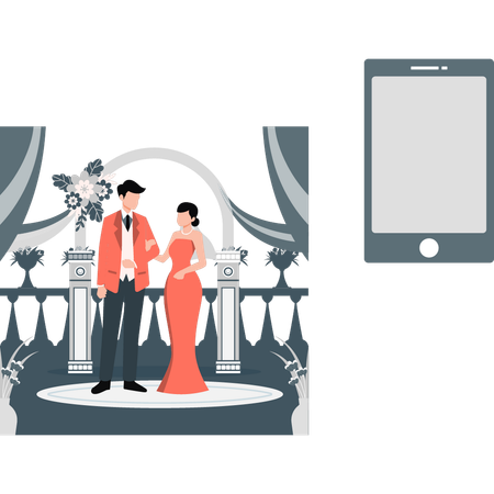 Noivos jovens fazendo casamento online  Ilustração