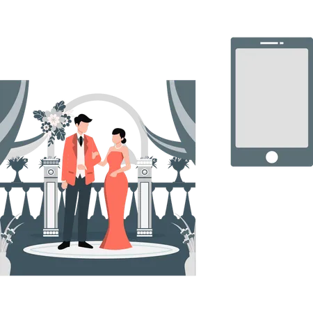 Noivos jovens fazendo casamento online  Ilustração