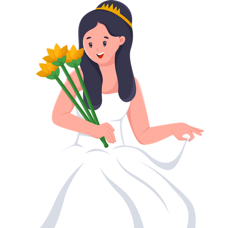 Jovem noiva segurando buquê de flores  Ilustração