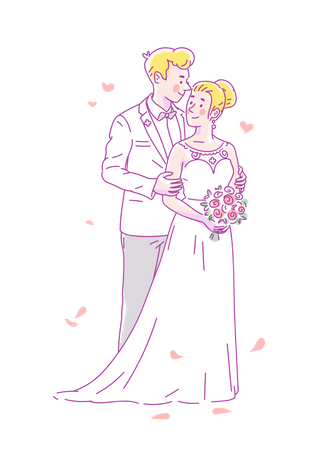 Jovem noivo em traje branco e noiva em vestido de noiva e flores se casam  Ilustração