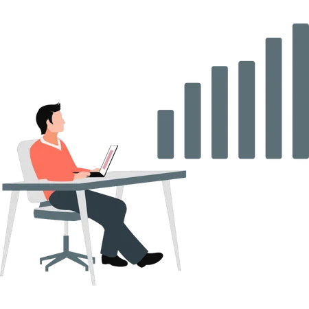 Jovem olhando gráfico econômico seta para cima negócios trabalhando  Ilustração