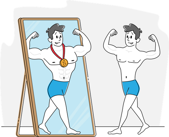 Jovem olhando para o reflexo em um grande espelho, imagine-se vencedor do esportista com medalha  Ilustração