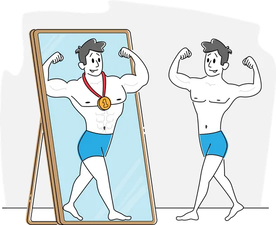 Jovem olhando para o reflexo em um grande espelho, imagine-se vencedor do esportista com medalha  Ilustração