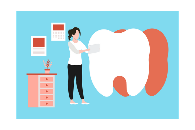 Menina olhando para os dentes  Ilustração