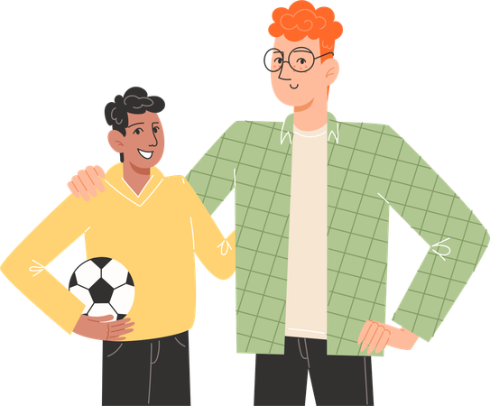 Jovem pai abraçando seu filho segurando uma bola de futebol  Ilustração