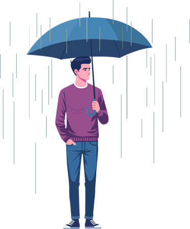 Jovem está com um guarda-chuva na chuva  Ilustração