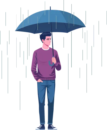 Jovem está com um guarda-chuva na chuva  Ilustração