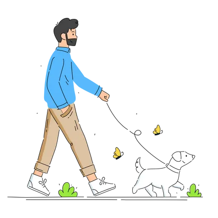 Jovem andando com cachorro fofo  Ilustração