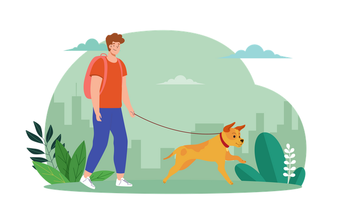 Jovem andando com cachorro fofo  Ilustração