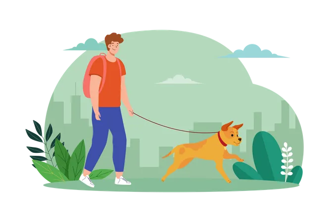 Jovem andando com cachorro fofo  Ilustração