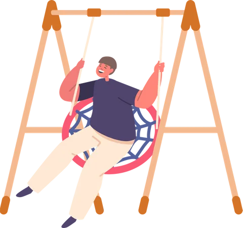 Personagem de menino balança alegremente para frente e para trás em um balanço de playground  Ilustração
