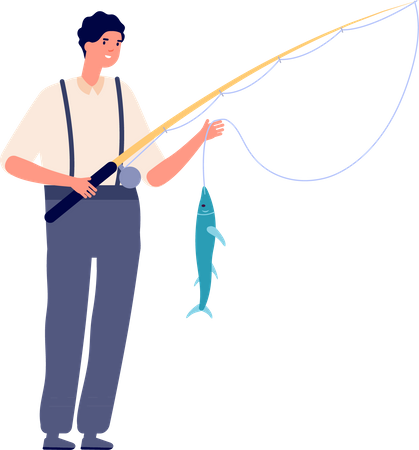 Jovem pescador pegando peixe  Ilustração