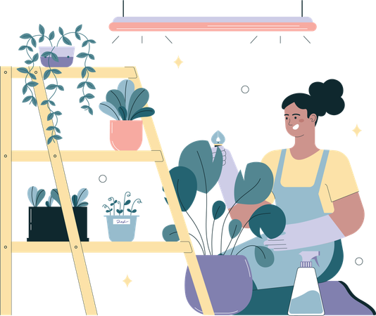 Mulher jovem plantando e regando plantas  Ilustração