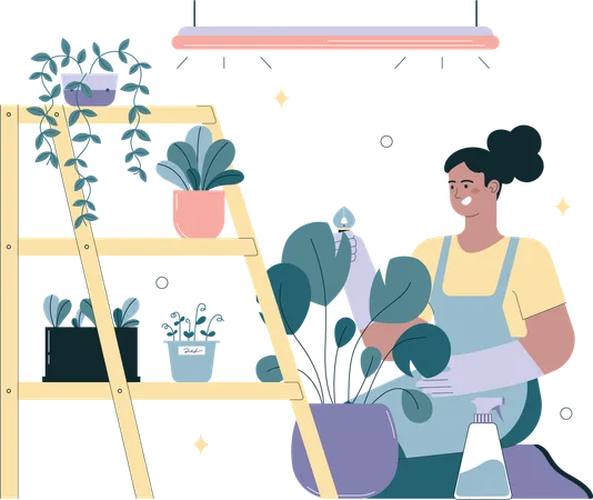 Mulher jovem plantando e regando plantas  Ilustração