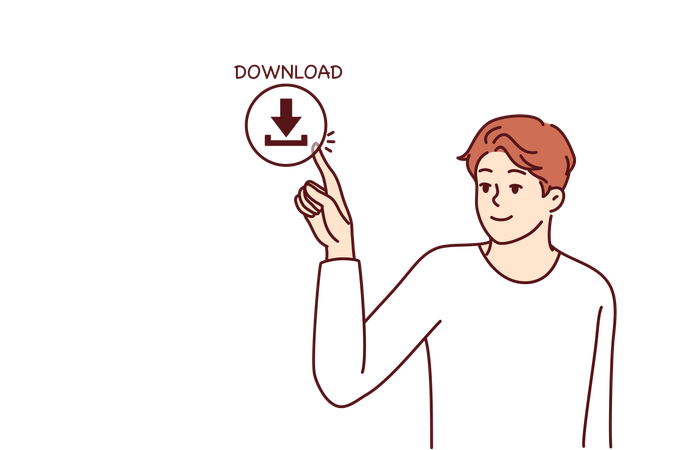 Jovem pressiona botão de download na tela  Illustration