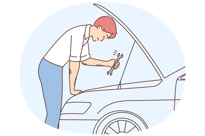 Jovem problemático conserta carro com chave inglesa.  Ilustração