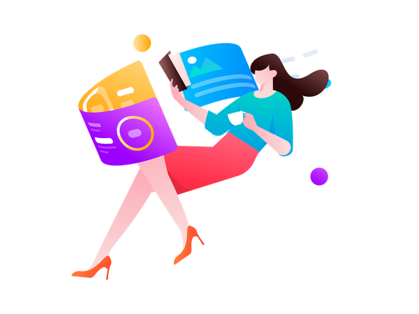 Jovem procurando relatório de análise virtual enquanto lê livro  Ilustração