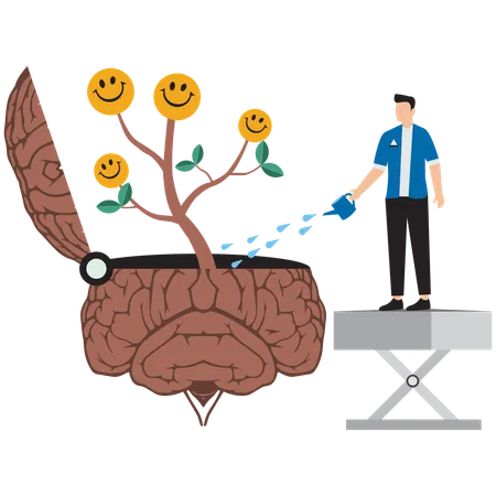 Jovem regando cérebro crescendo rosto sorridente feliz muda de planta  Ilustração