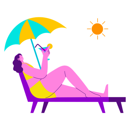Jovem relaxa na praia  Ilustração