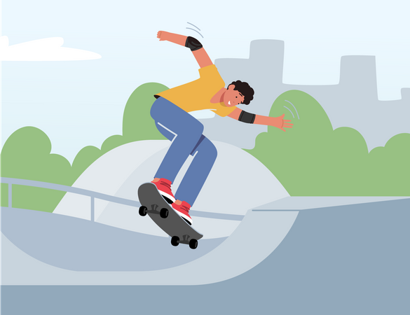 Jovem pulando de skate treinando acrobacias radicais  Ilustração